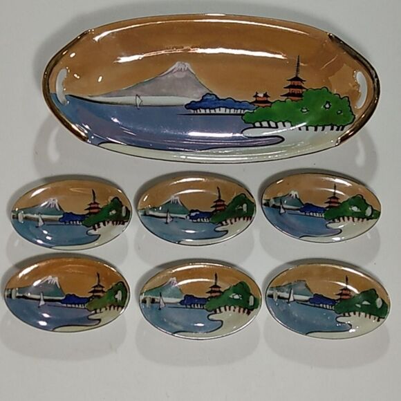 Vintage Handpainted Lusterware Celery Tray & Salts Made in Japan - Picture 3 of 12